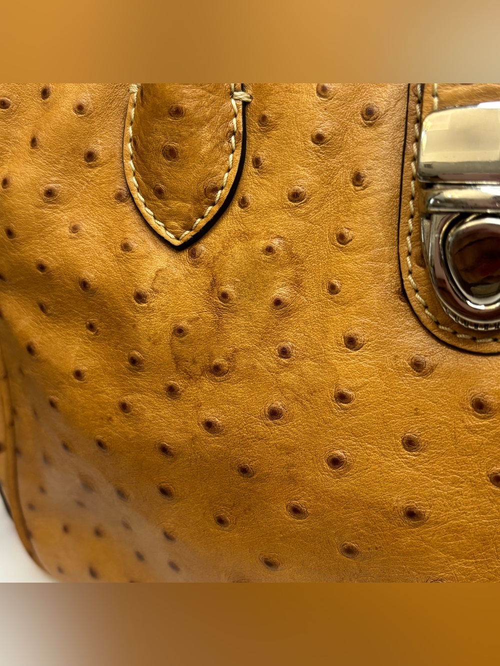 Vintage Dooney & Bourke Ostrich Embossed Leather Satchel Tan w/ Duck Charm - Picture 6 of 14